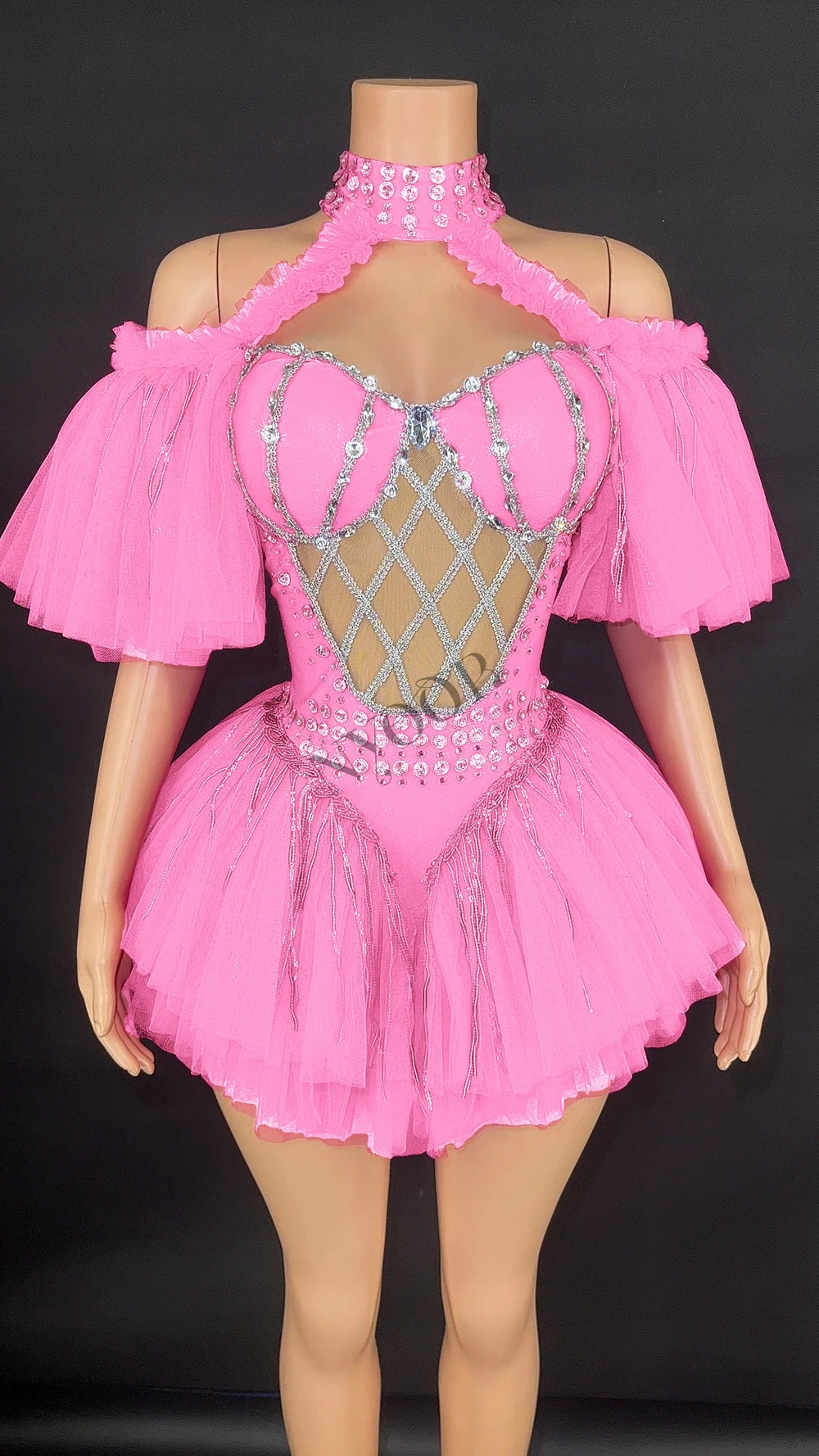 Sparkly Sequin Tassel Puff Sleeve Mesh Bodysuit Showgirl Stage Dance Leotard