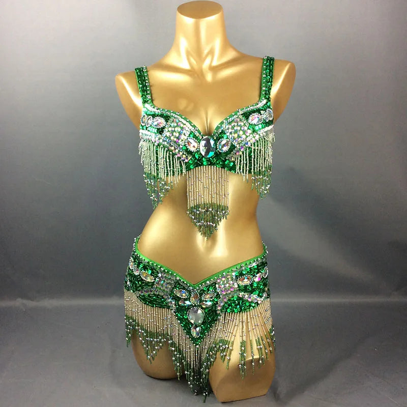 Dazzling Beaded & Sequined Belly Dance Bra & Belt 2-Piece Costume Set