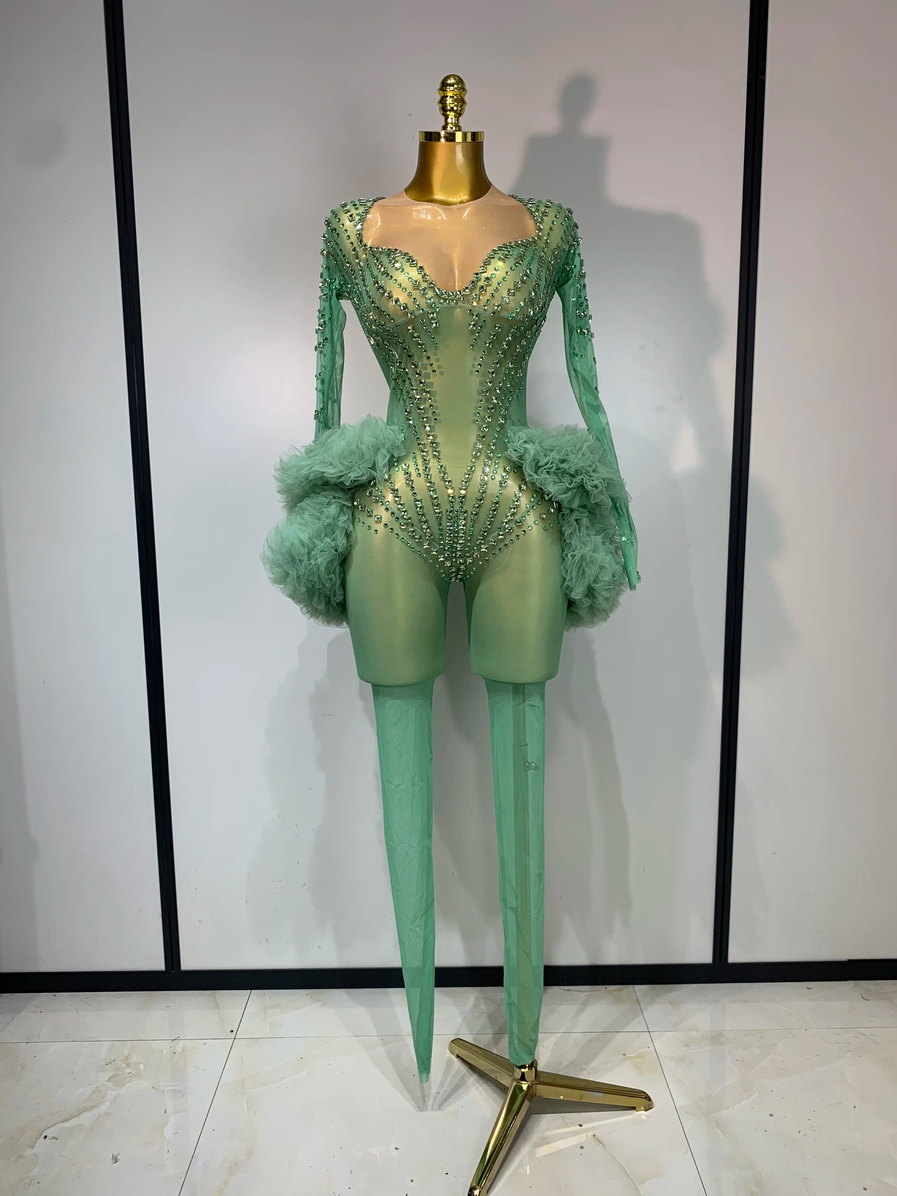 Luxury Green Diamonds Mesh See-Through Long Sleeve Jumpsuit Stage Performance Costume