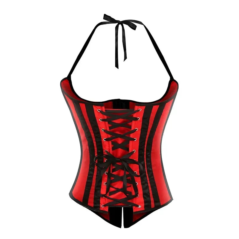 Gothic Striped Satin Halter Underbust Corset Vest 12 Spiral Steel Bones Bustier