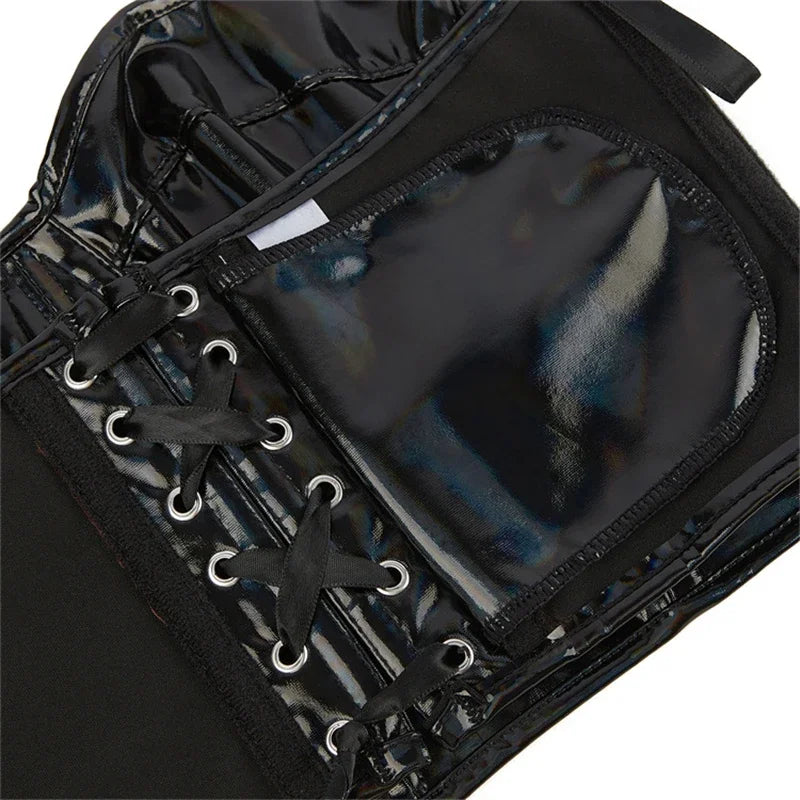 Black Shiny PU Leather Halter Corset Crop Top Push-Up Bustier Gothic Bra