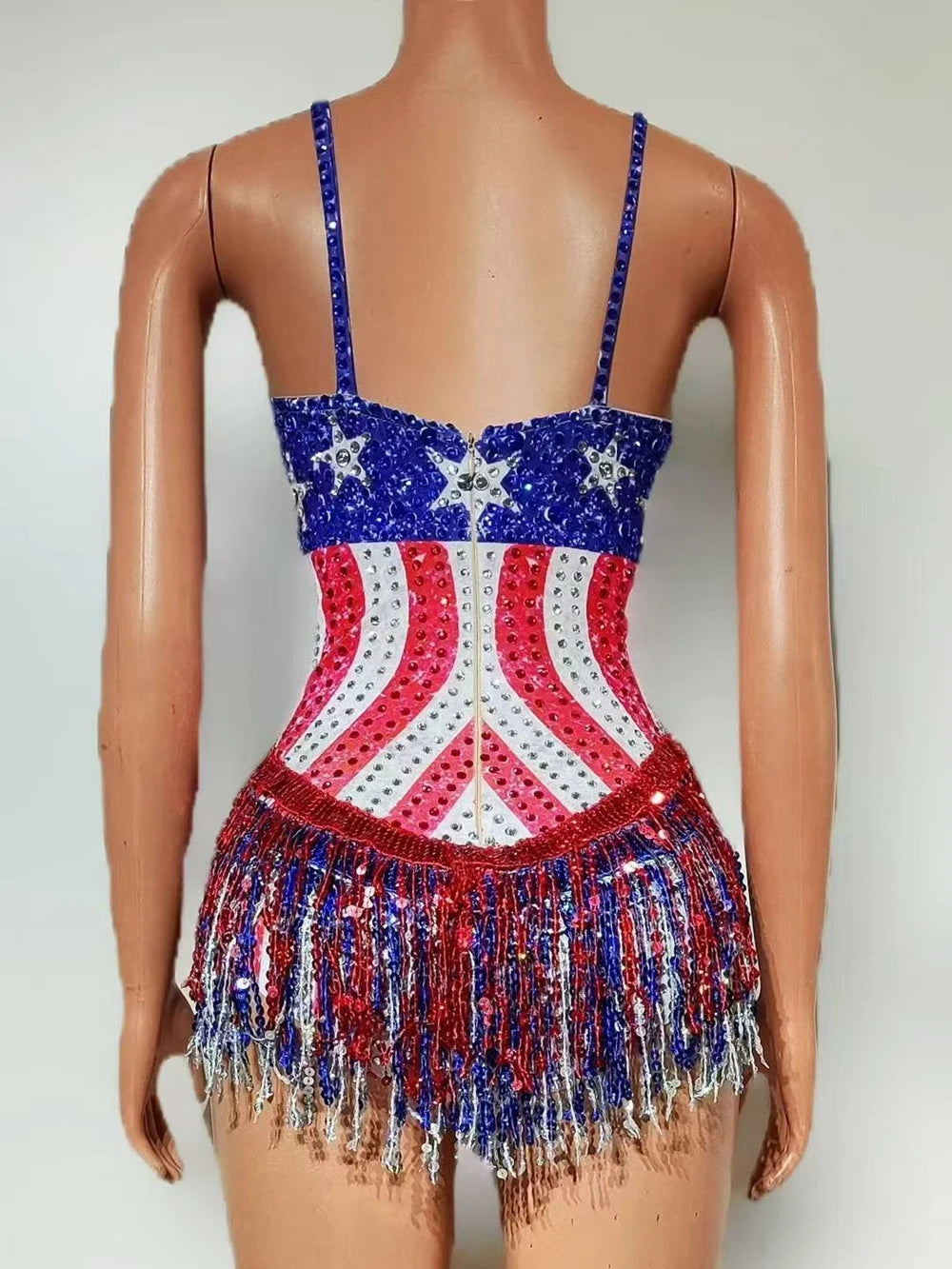 Sparkly Patriotic Rhinestone Sequin Tassel Bodysuit Americana Stage Leotard