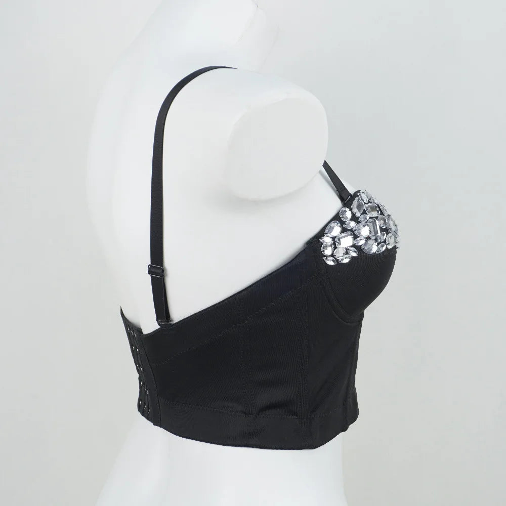 Black Crystal Bustier Corset Crop Top Beaded Stage Costume Evening Bralette