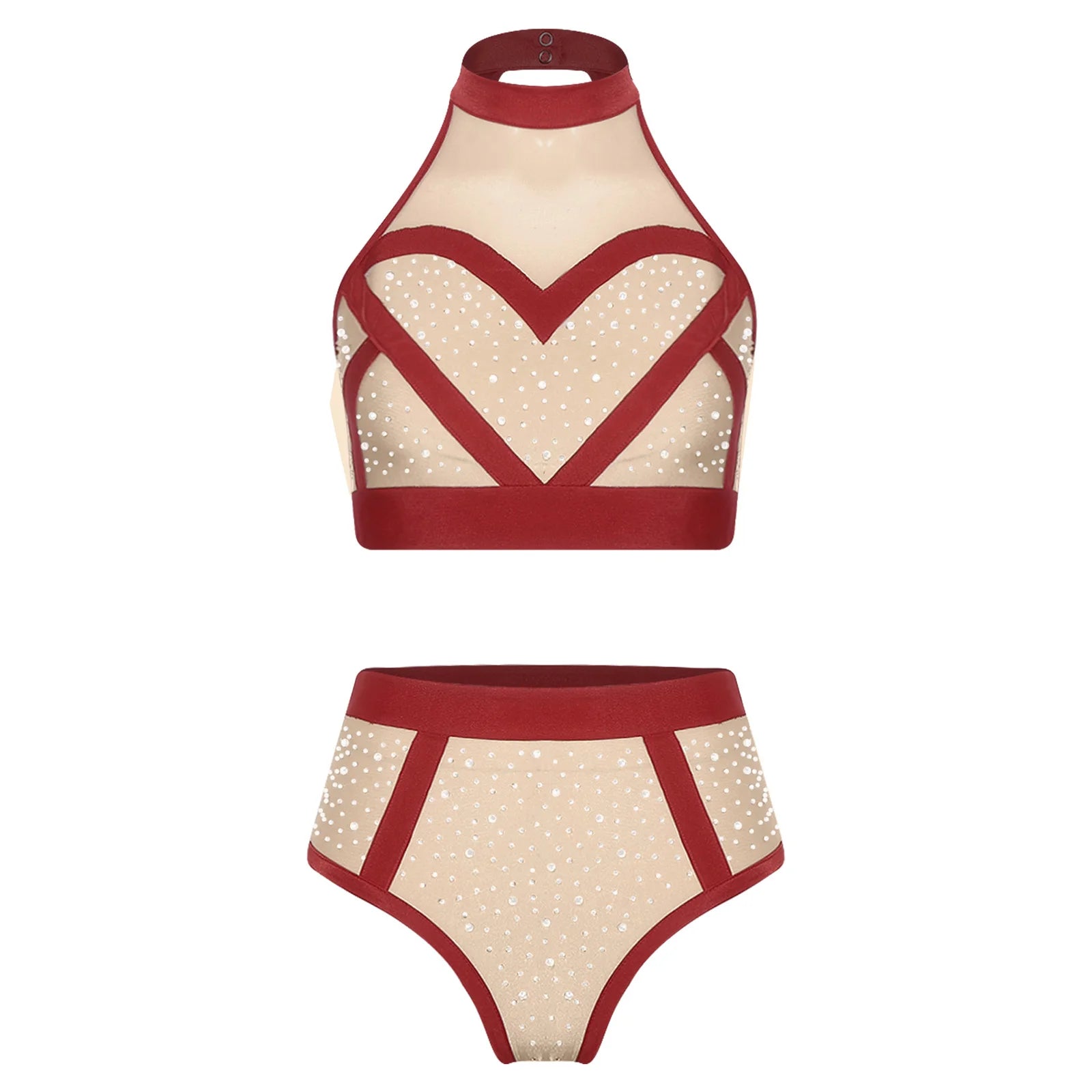 Rhinestone Halter Crop Top & High-Waist Briefs Set Sparkle Two-Piece Dance Set