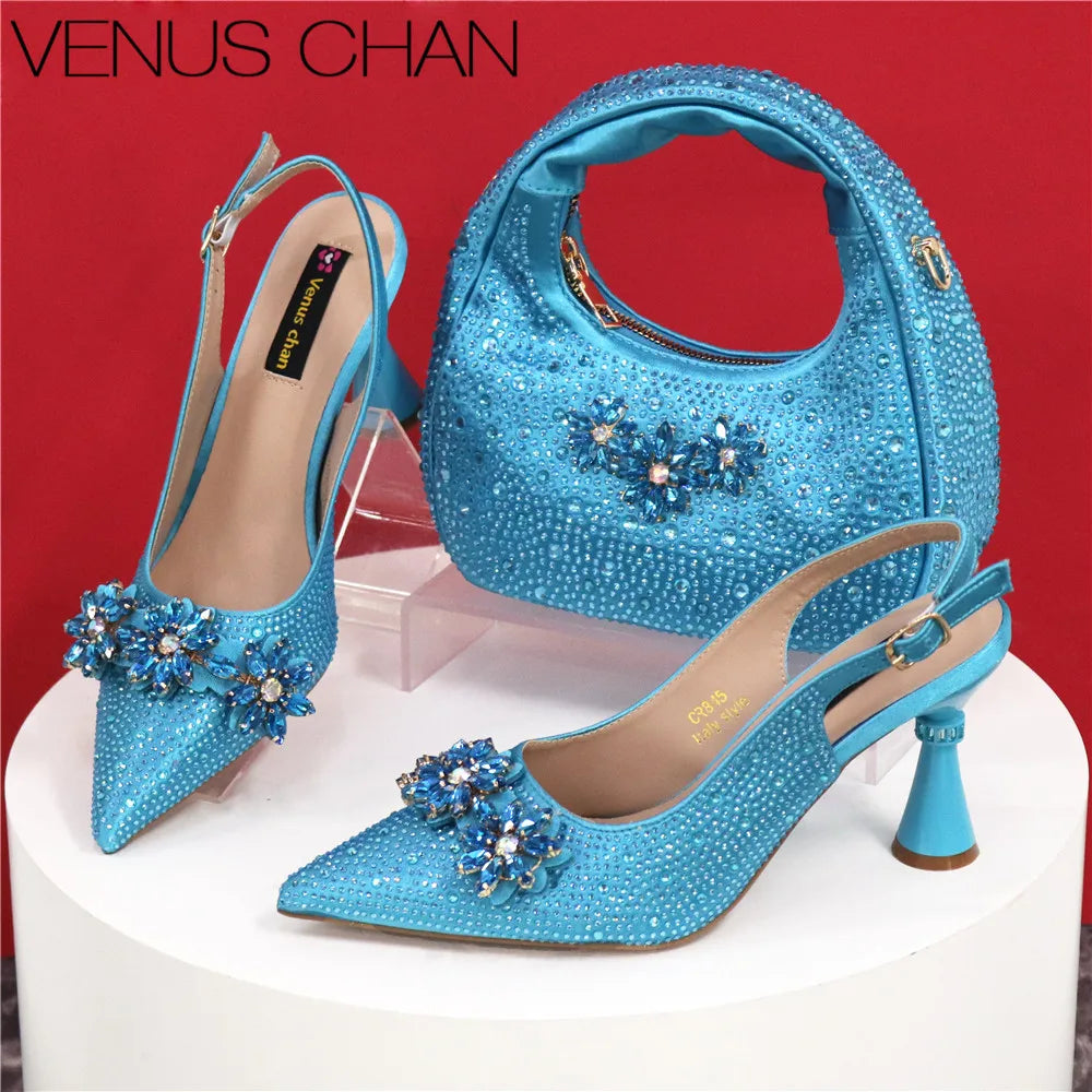 Pointed Toe Rhinestone High Heels Shoes and Bags Set