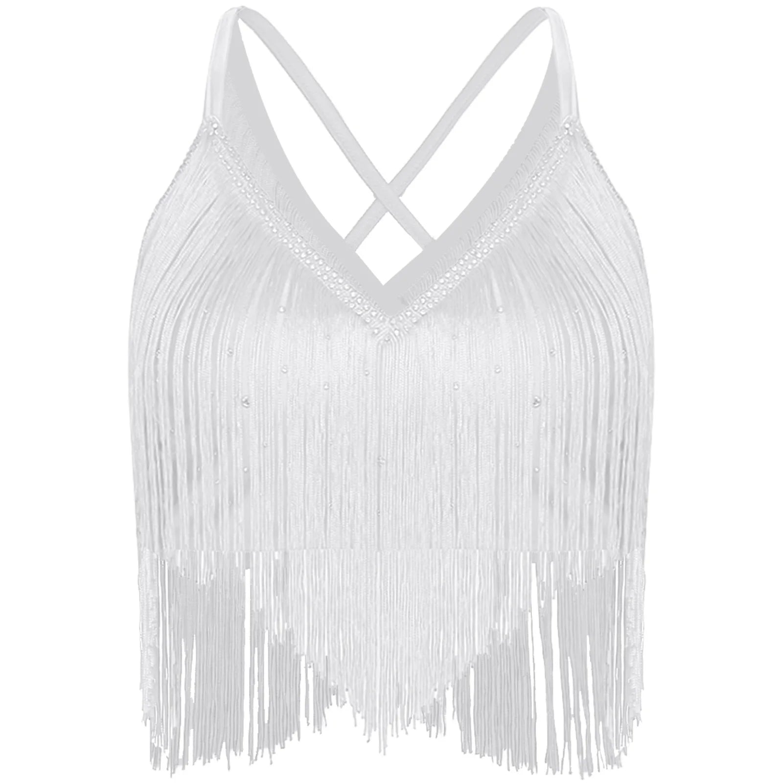 V-Neck Crisscross Back Tassel Fringe Crop Top Latin Salsa Dance Costume
