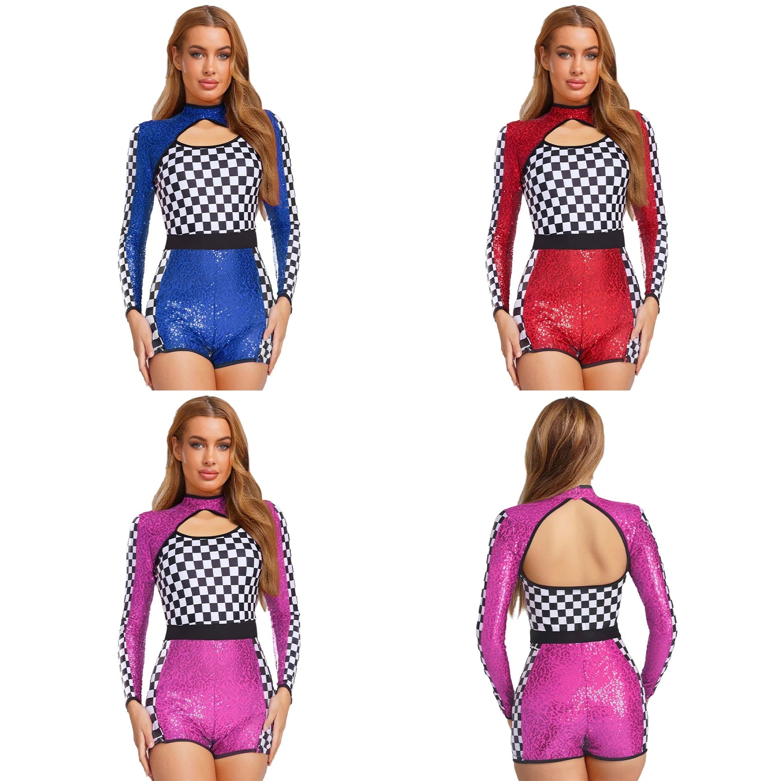 Sequin Checkerboard Car Racing Driver Costume Cutout Long Sleeve Romper Jumpsuit