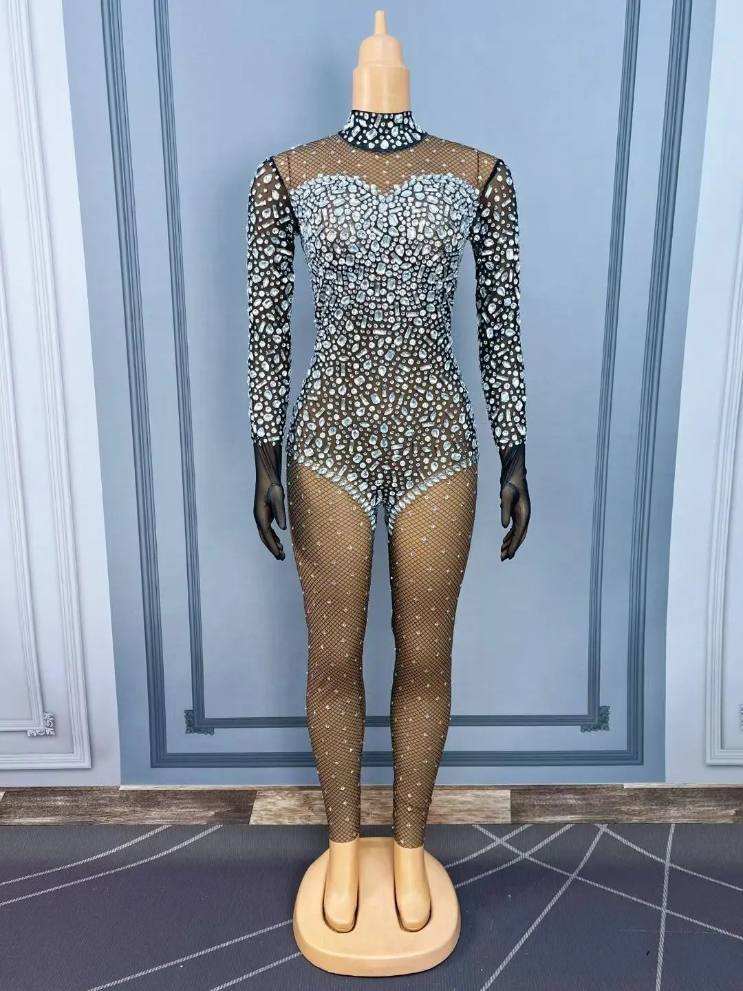 Silver Crystal Black Stocking Jumpsuit Drag Queen Nightclub Performer Catsuit
