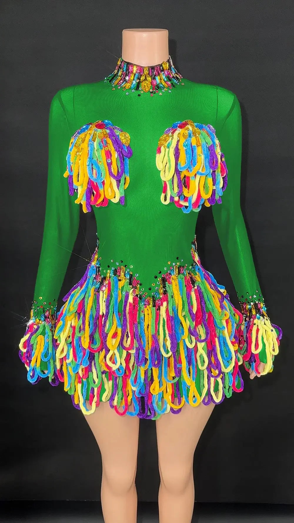 Rainbow Crystal Rhinestone Bodysuit Cascading Fringe Tassel Long-Sleeve Stage Costume