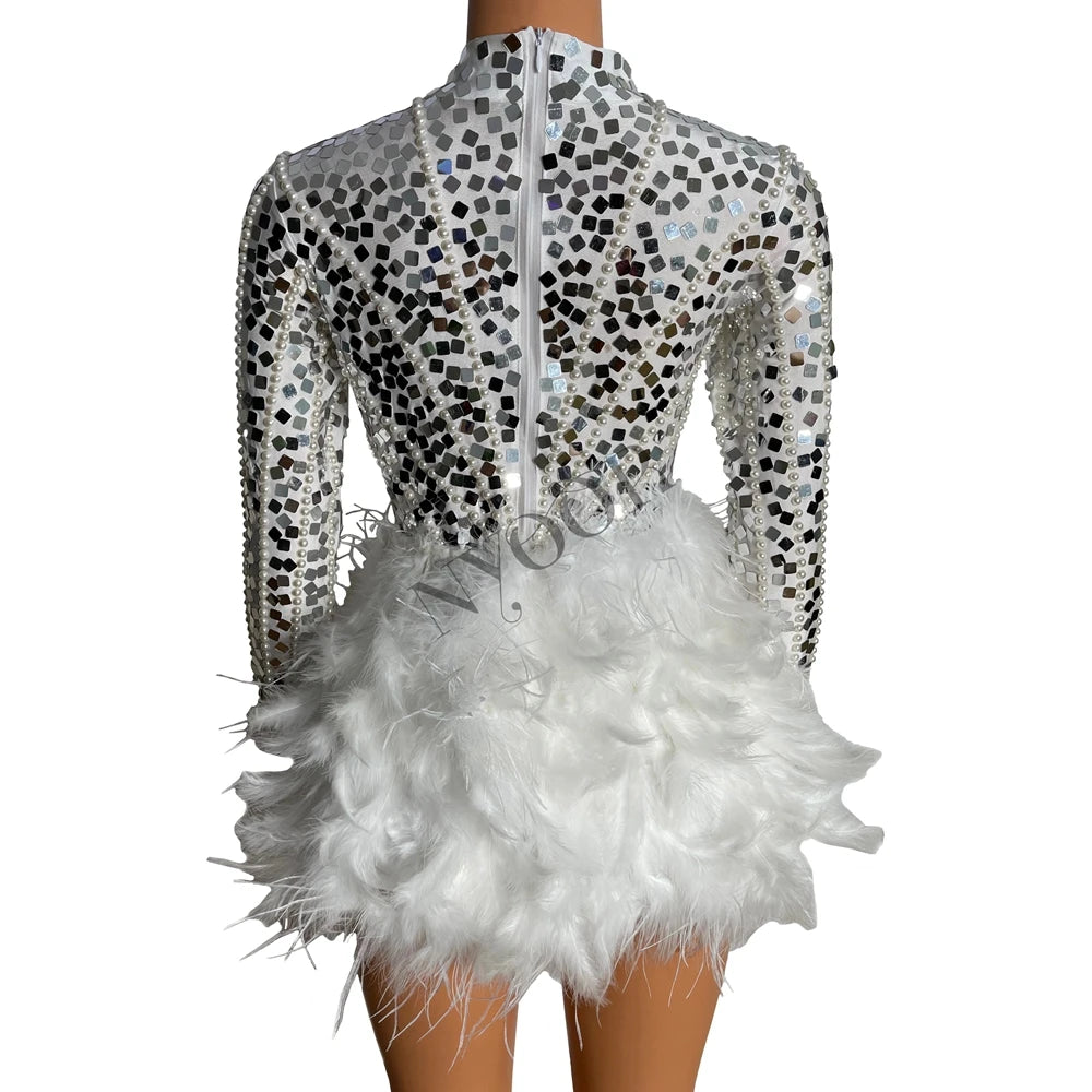 Sparkly Silver Sequin Pearl & White Feather Bodysuit 2-Piece Set Stage Performance Costume