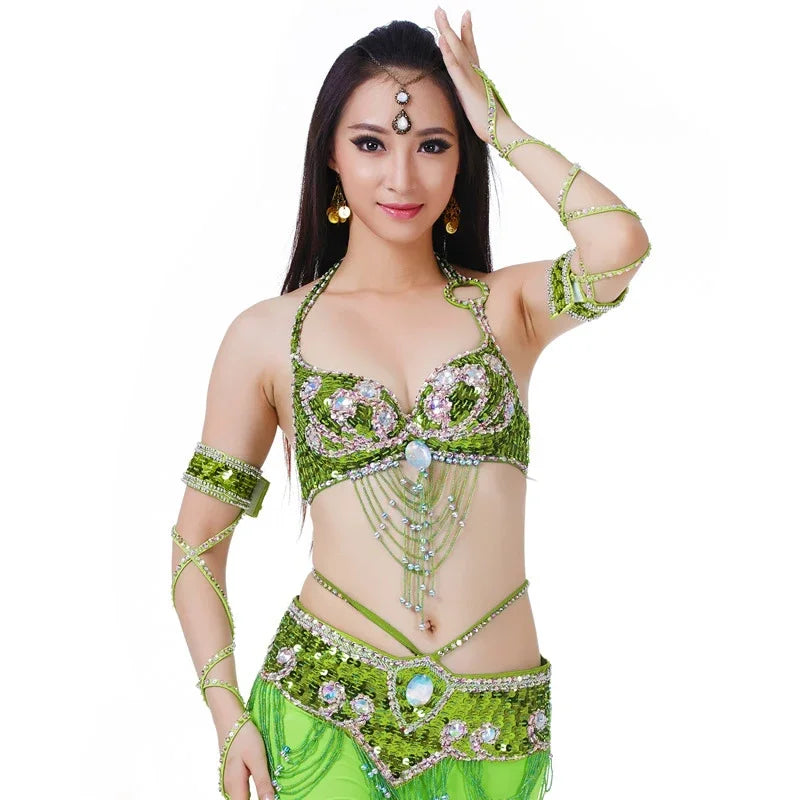 Dazzling Beaded Belly Dance Bra & Belt 2-Piece Costume Outfit Set