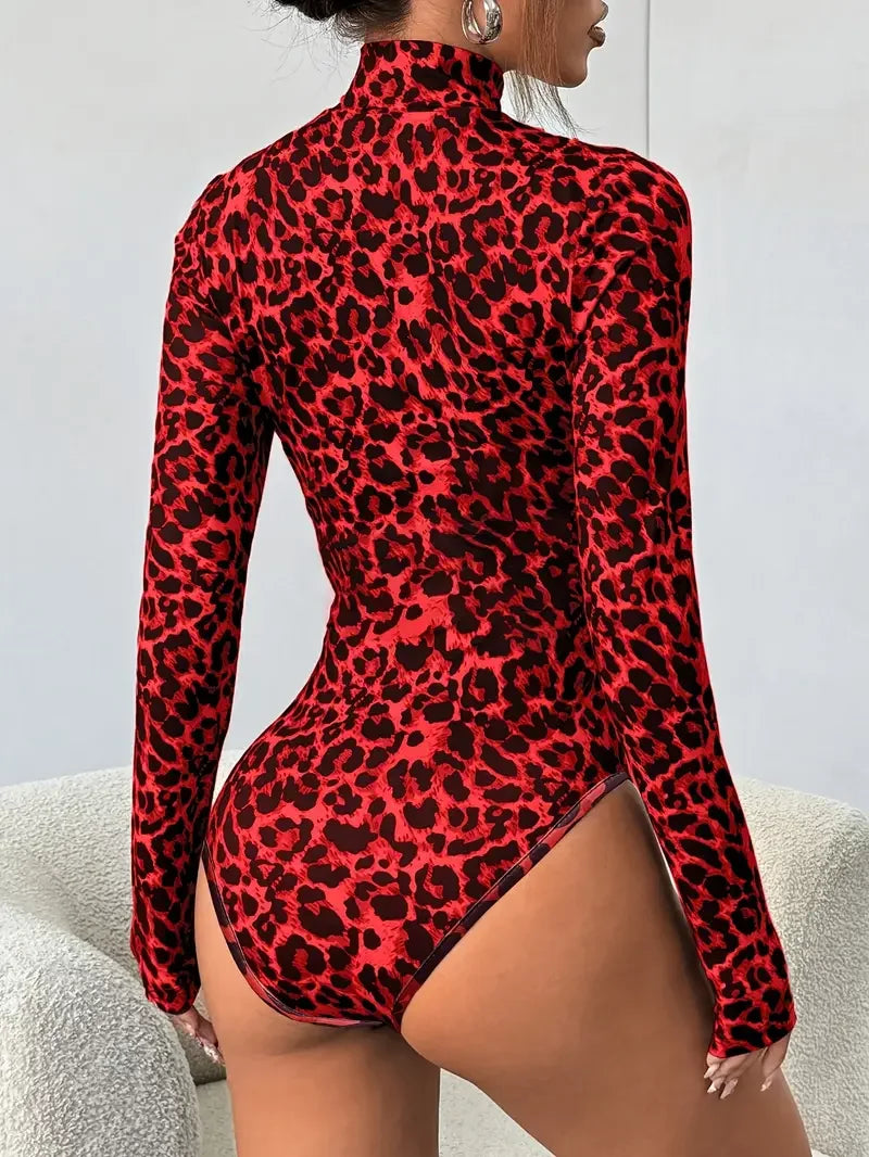 Leopard Print Long-Sleeve Stand Collar Bodysuit Sexy Cutout Stage One-Piece