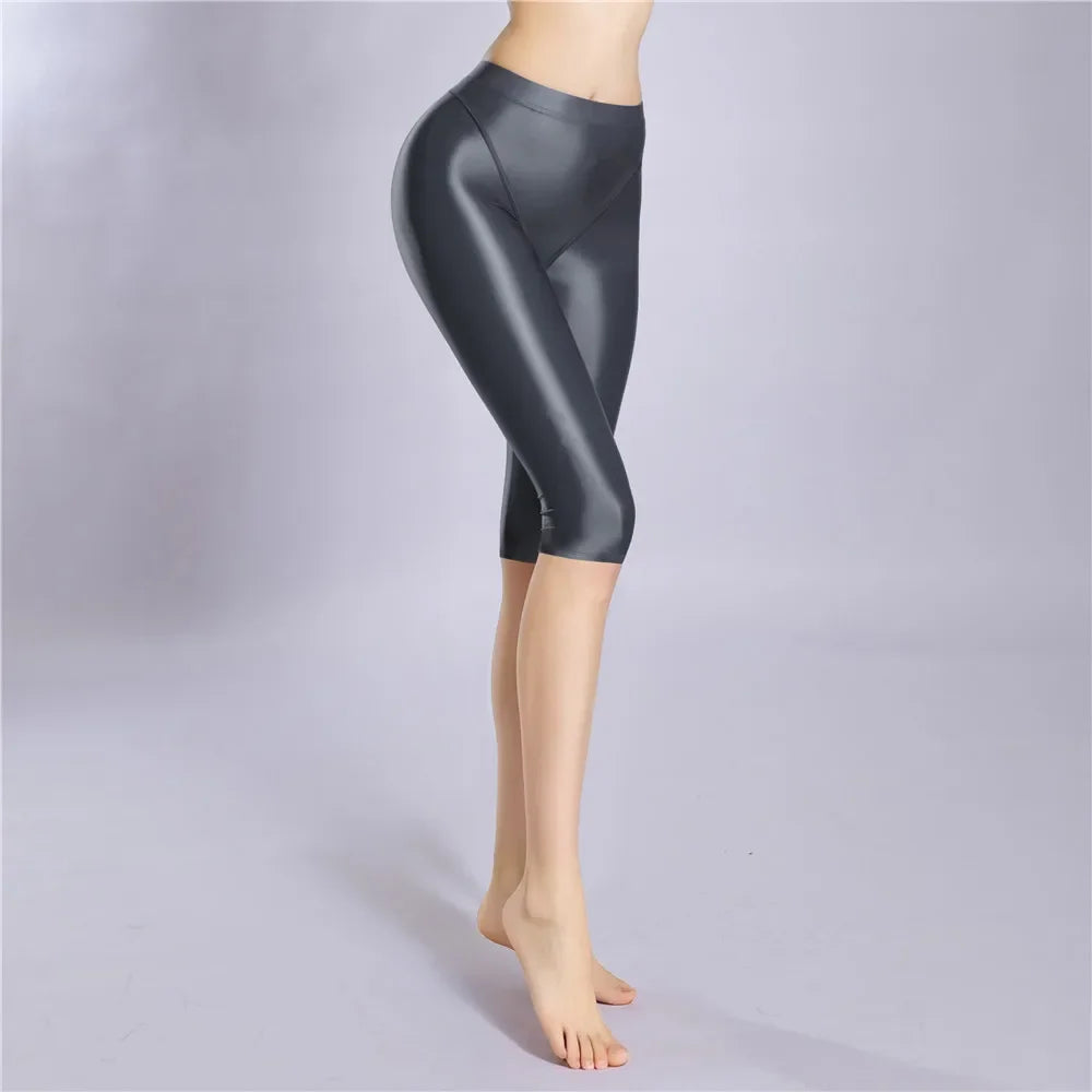 Women Shaping Short Stain Smooth Oil Glossy Shiny Elastic Shorts Sheer See Through Casual Plus Size Tight Yoga Short Maid Pant