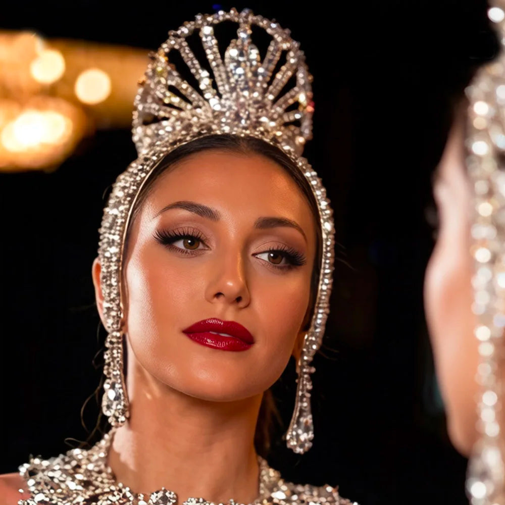Oversized Crystal Rhinestone Crown Tiara Showgirl Pageant Headpiece