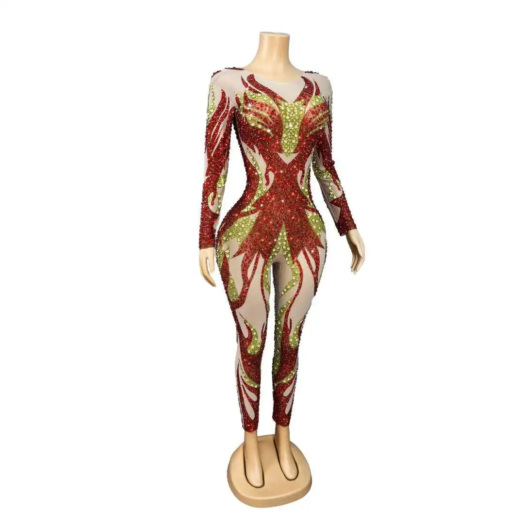 Women's Rhinestone Long Sleeve Mesh Jumpsuit | Shining Stage Costume for Singer, Dancer & Birthday