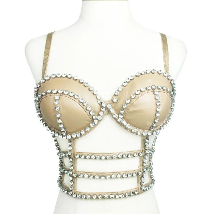 Gothic Studded Faux Leather Bustier Top Cage Strap Party Bralette