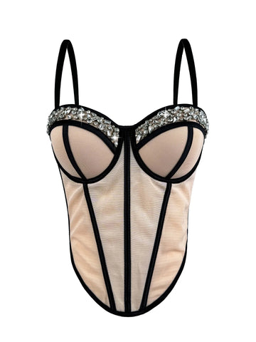 Diamond Embroidered Bustier Corset Crop Top Asymmetric Stage Bralette
