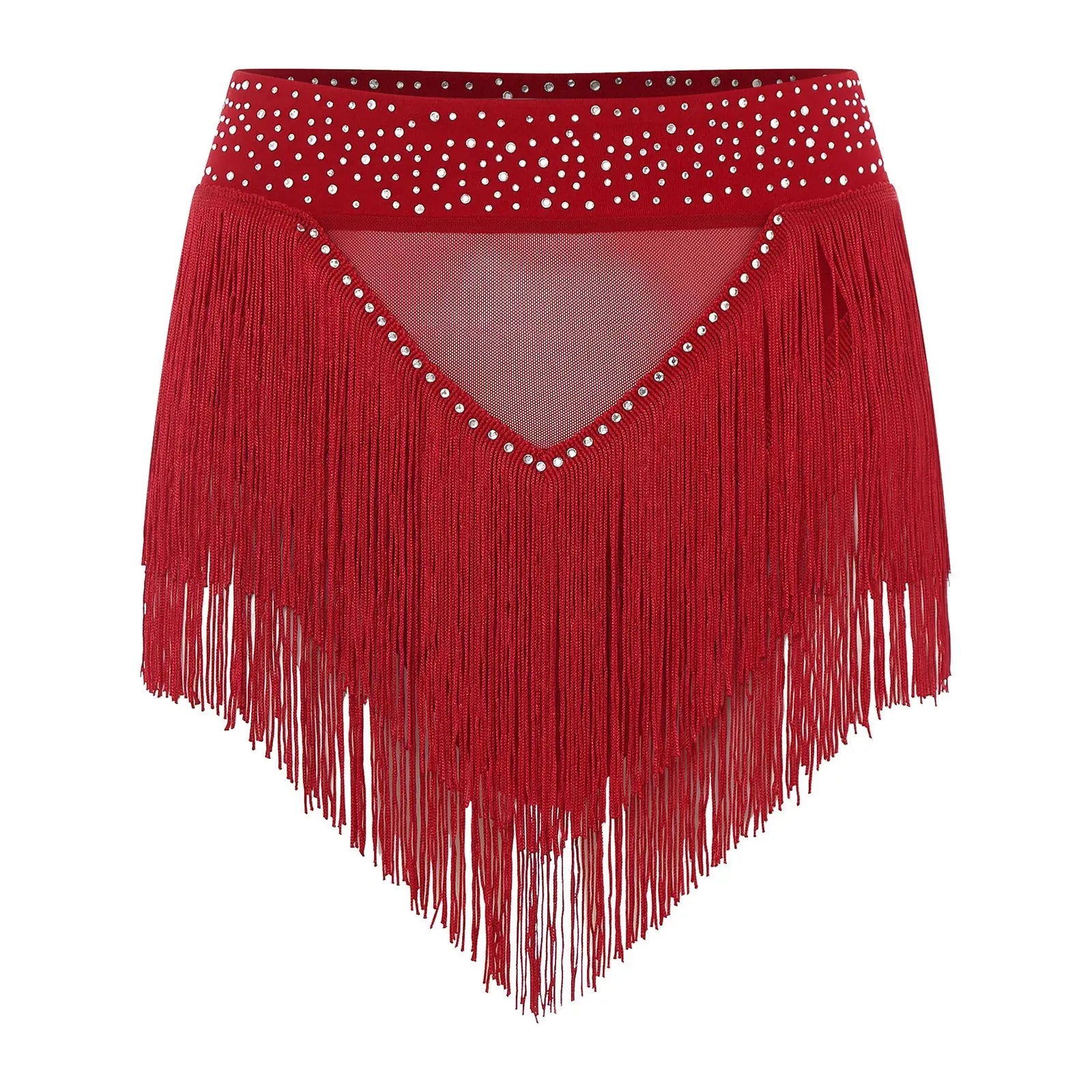 Rhinestone Tassel High-Waist Dance Shorts & Sheer Mesh Fringe Skirt