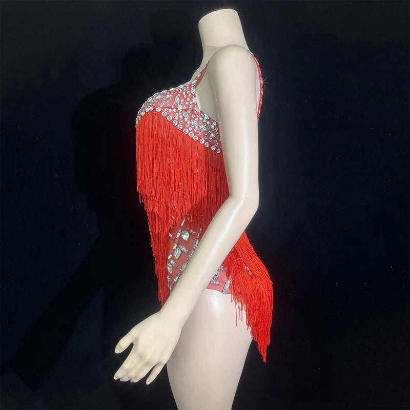 Custom Fringe Rhinestone Bodysuit & Stage Performance Dance Costume