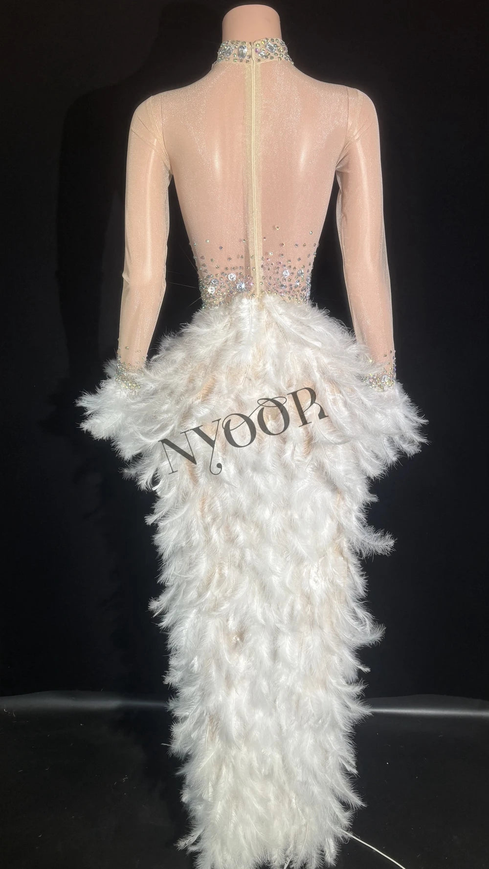 Sparkly White Rhinestone & Feather Sheer Mesh Long Evening Gown Stage Costume