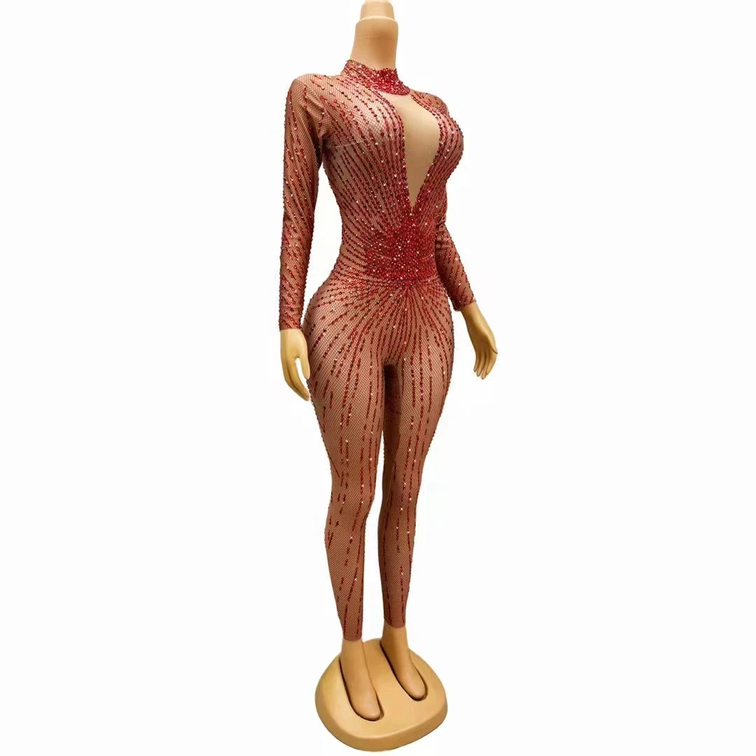 Crimson Red Rhinestone Catsuit Long Sleeve Illusion Stage Performance Jumpsuit