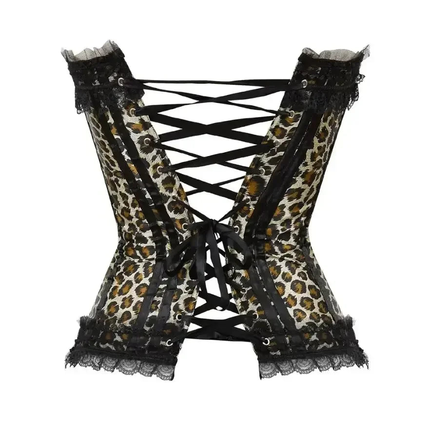 Leopard Satin Overbust Corset Lace Bowknot Clubwear Showgirl Body Shaper