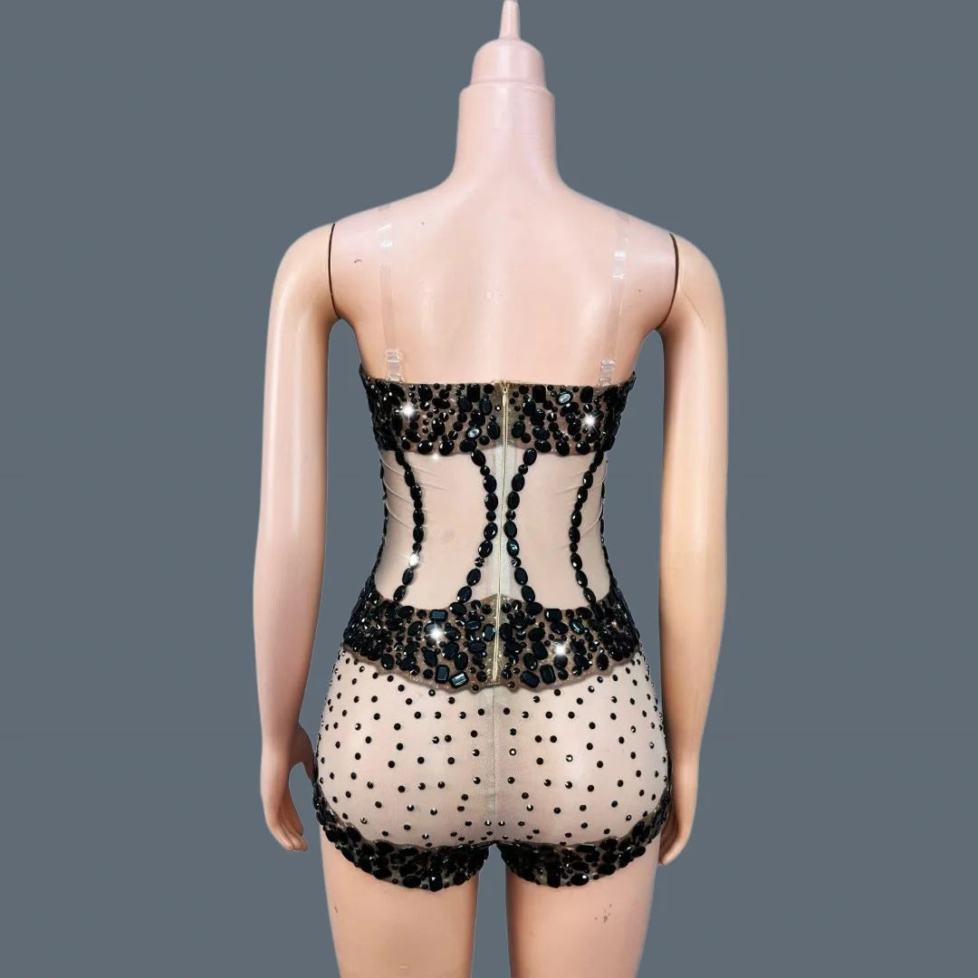 Sparkly Rhinestone Black Bodycon Sheer Mesh Bodysuit Nightclub Stage Outfit