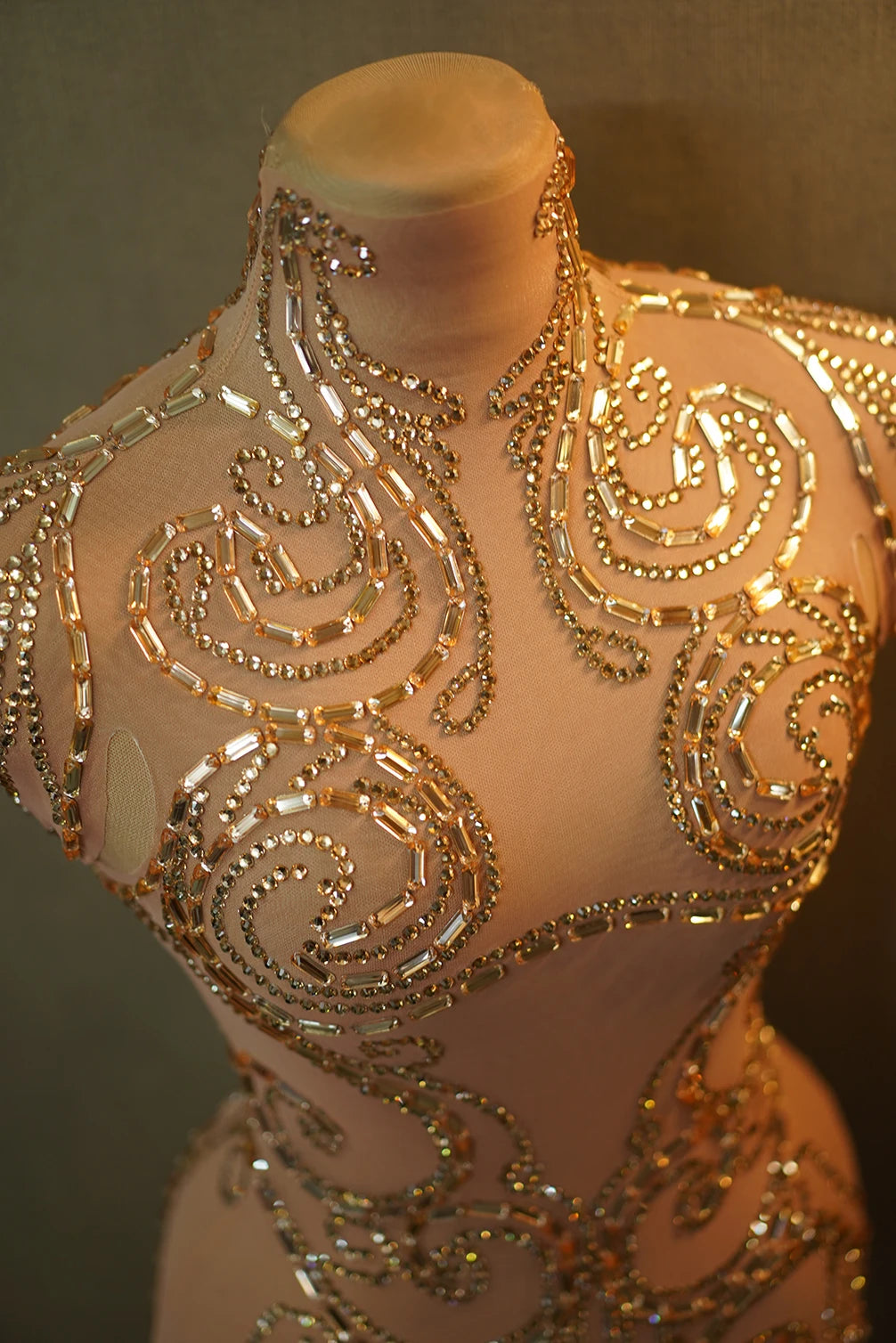 Gold Sparkly Rhinestone Sheer Mesh Bodysuit Stage Performance Costume