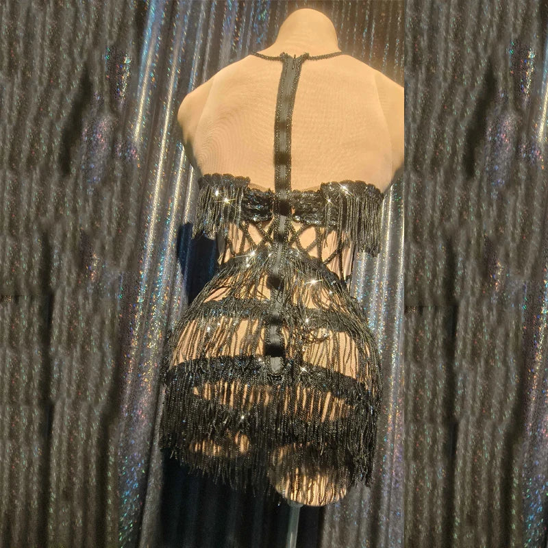 Black Sequin Cutout Fringe Mini Dress Crisscross Strappy Gogo Stage Costume