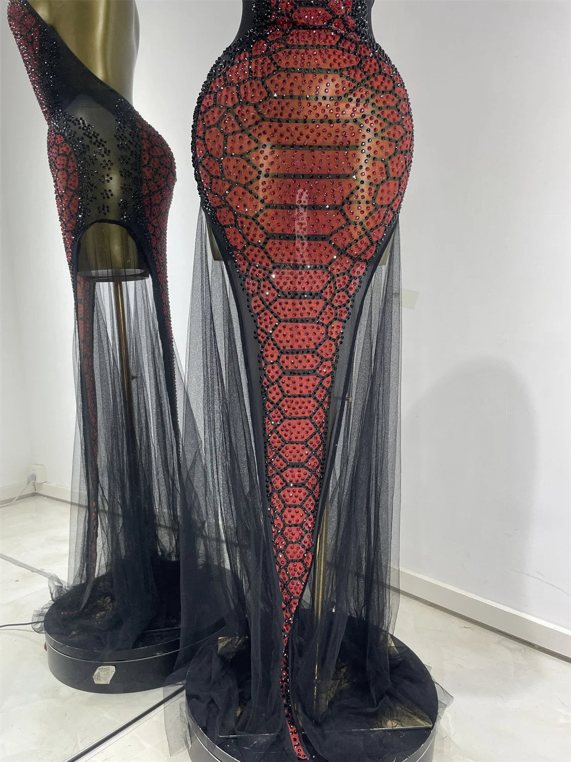 Claret Red Snakeskin Rhinestone Halter Gown Backless Mesh Illusion Evening Maxi Dress