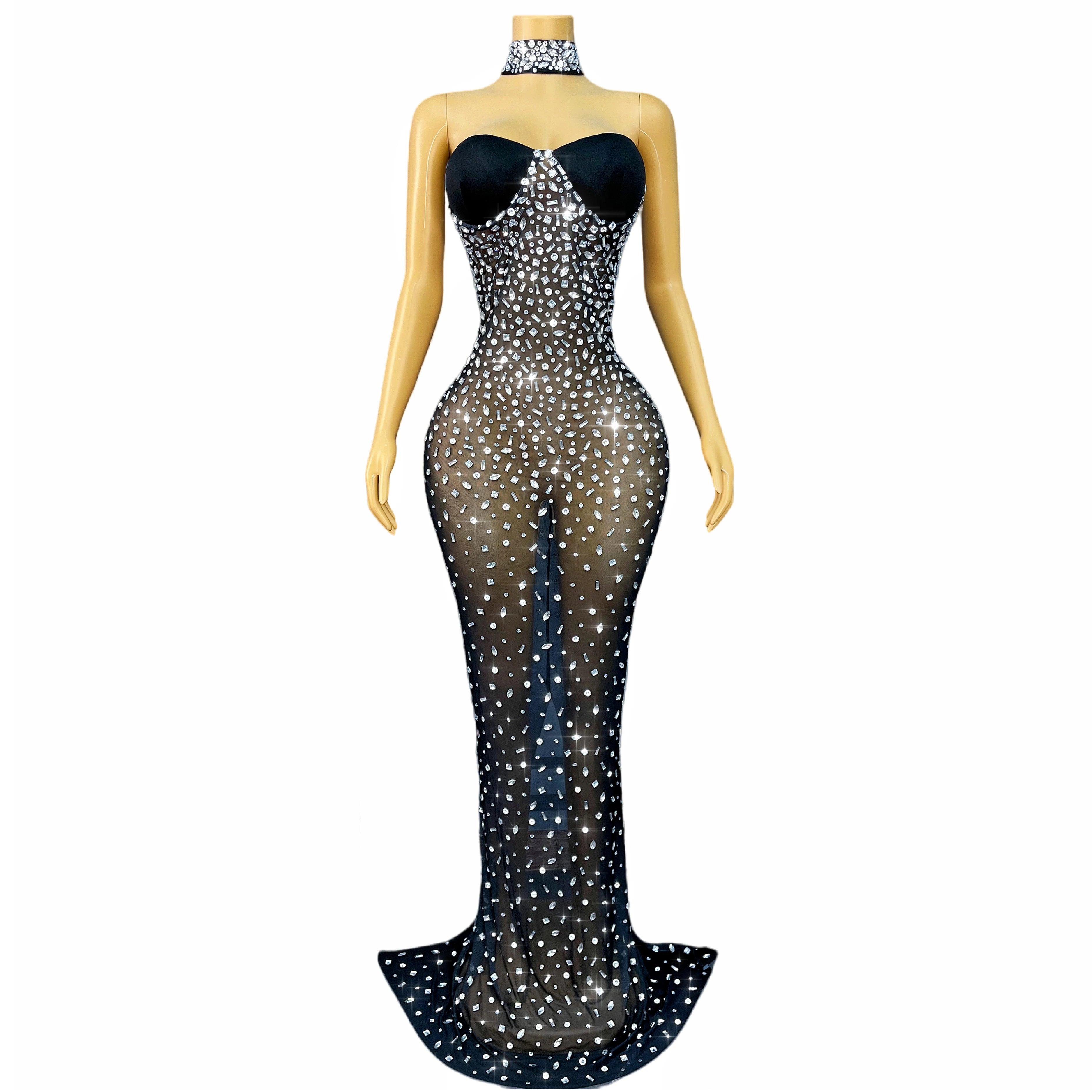 Silver Rhinestone Sheer Mesh Tube Evening Gown Stage Ball Dress
