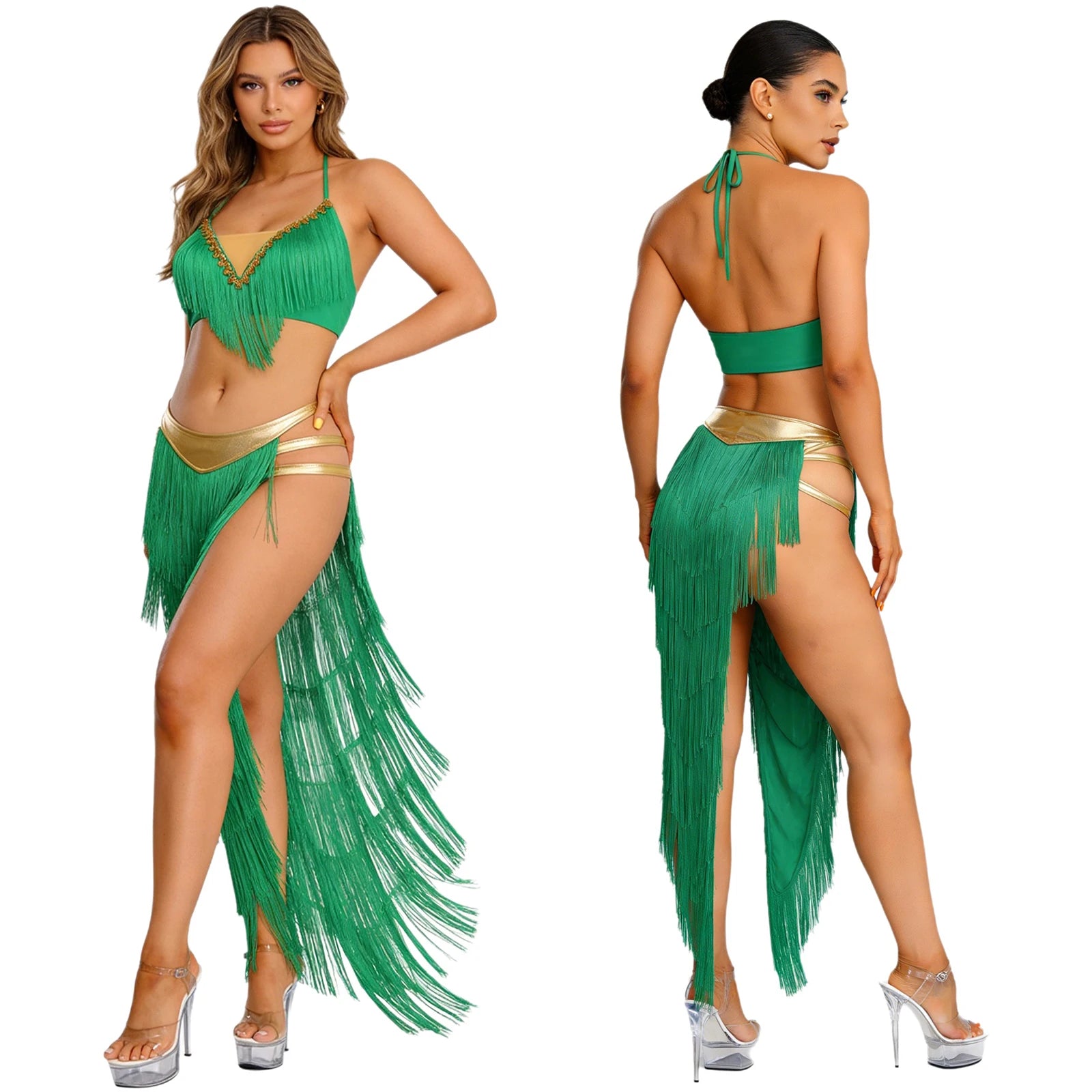 Gold Trim Halter Lace-Up Crop Top & Tiered Tassel Skirt Belly Dance Outfit