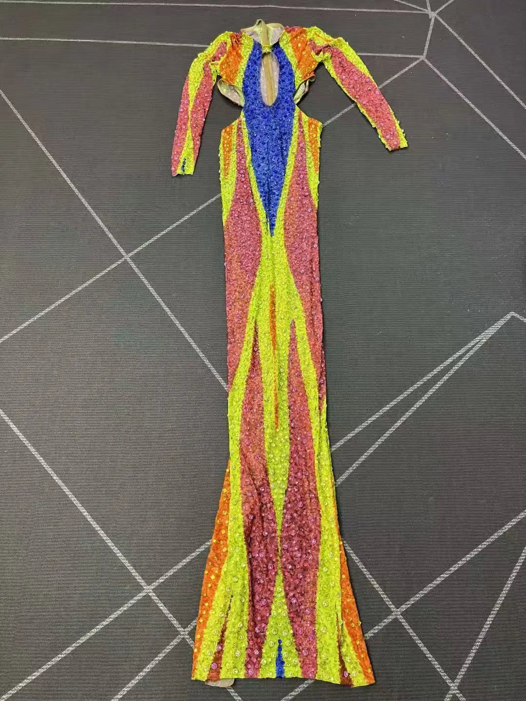 Women's Colorful Rhinestone Hollow-Out Mesh Long Dress | Twinkling Body-Con Gown for Red Carpet & Party