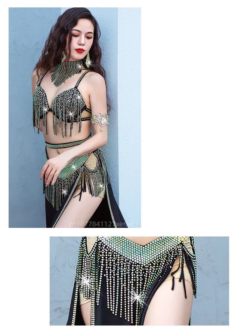Dynamic Tassel Sequin Belly Dance Competition Costume & Event Performance Set