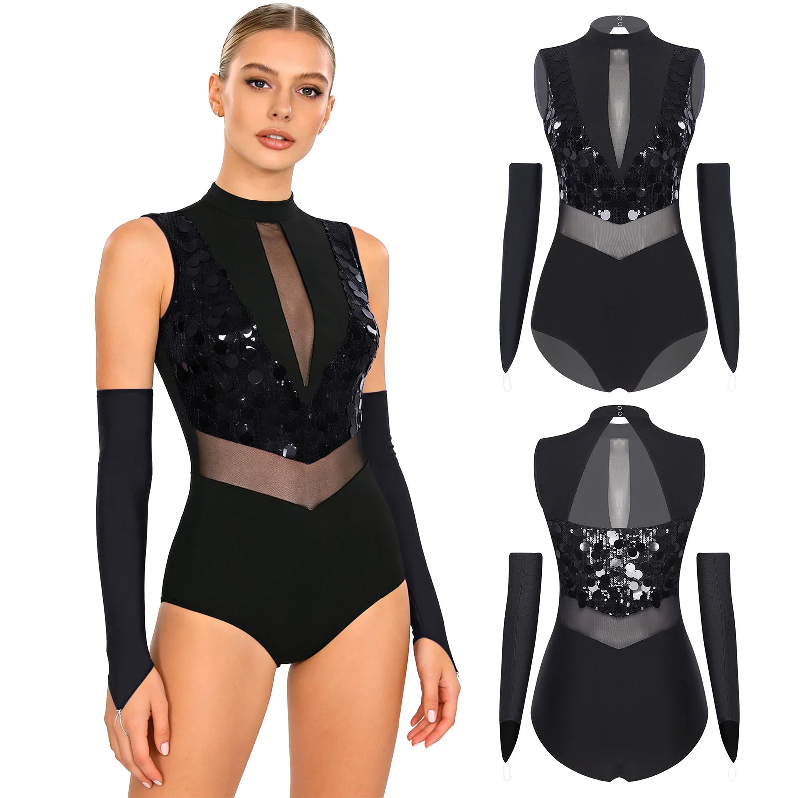 Sparkly Sequin Mock Neck Dance Leotard & Gloves Two-Piece Bodysuit Set