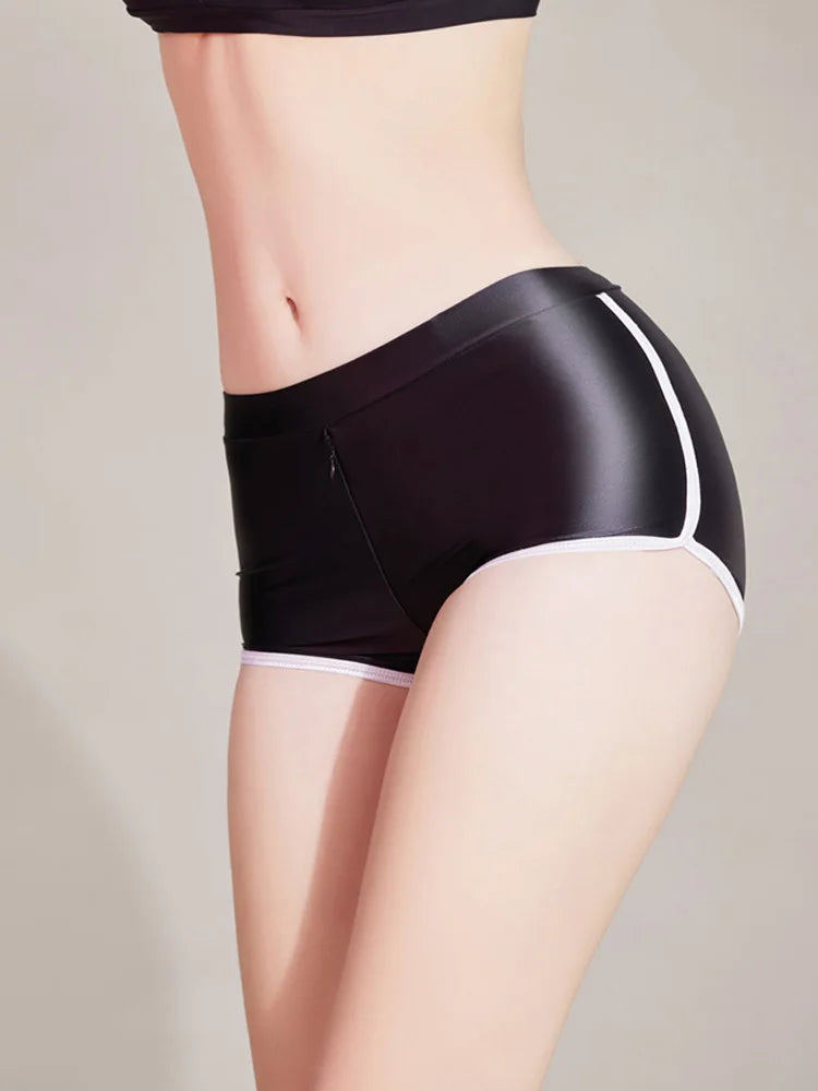 Sexy Women Zipper Open Crotch Yoga Elasitc Shorts Stain Smooth Oil Glossy Shiny Tight Casual See Through Beachwear Fitness Short