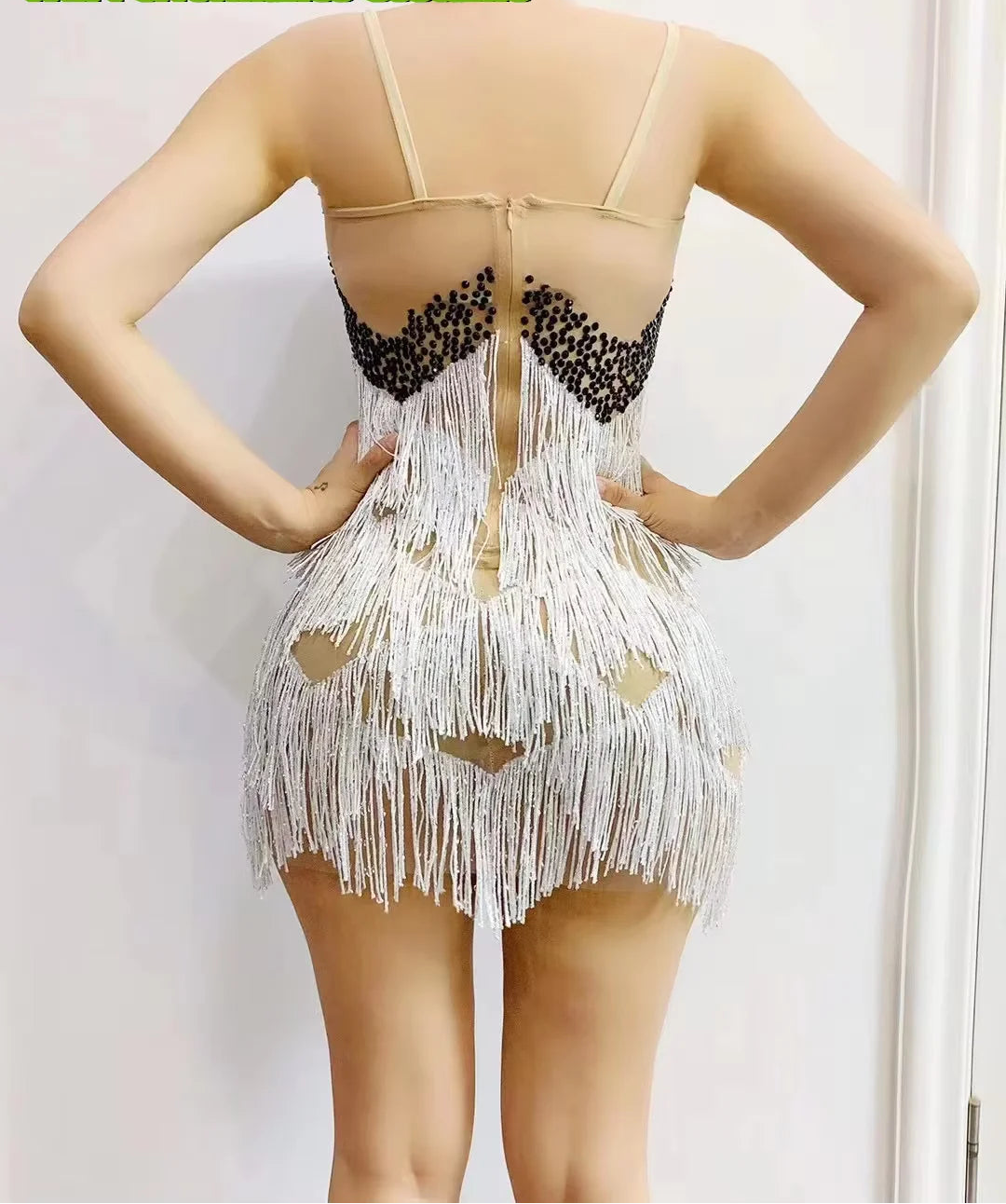 White Pearl Rhinestone Fringe Mini Dress Spaghetti Strap Cocktail Stage Costume
