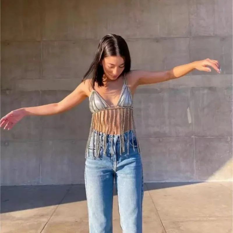 Pearl-Look Beaded Halter Bra Chain