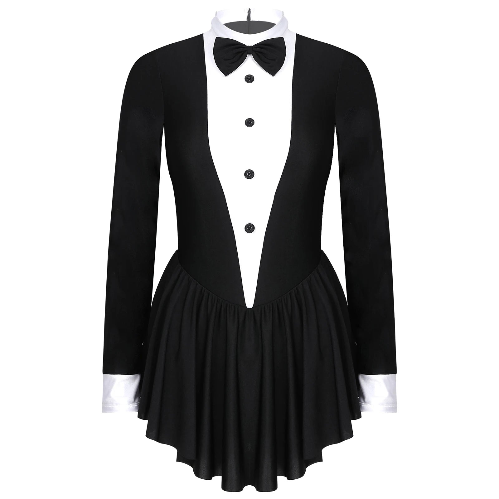 Tuxedo Bowknot Long Sleeve Ruffle Leotard Dress Magician Costume