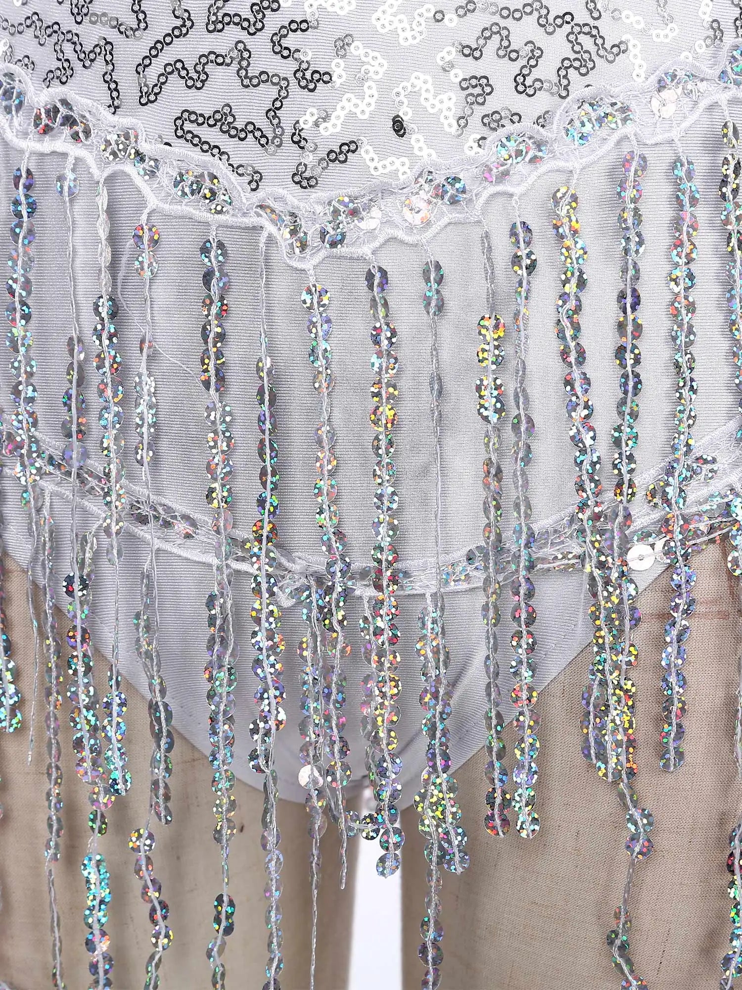 Sequined Fringe Latin Dance & Figure Skating Jumpsuit Leotard Set with Mesh Gloves