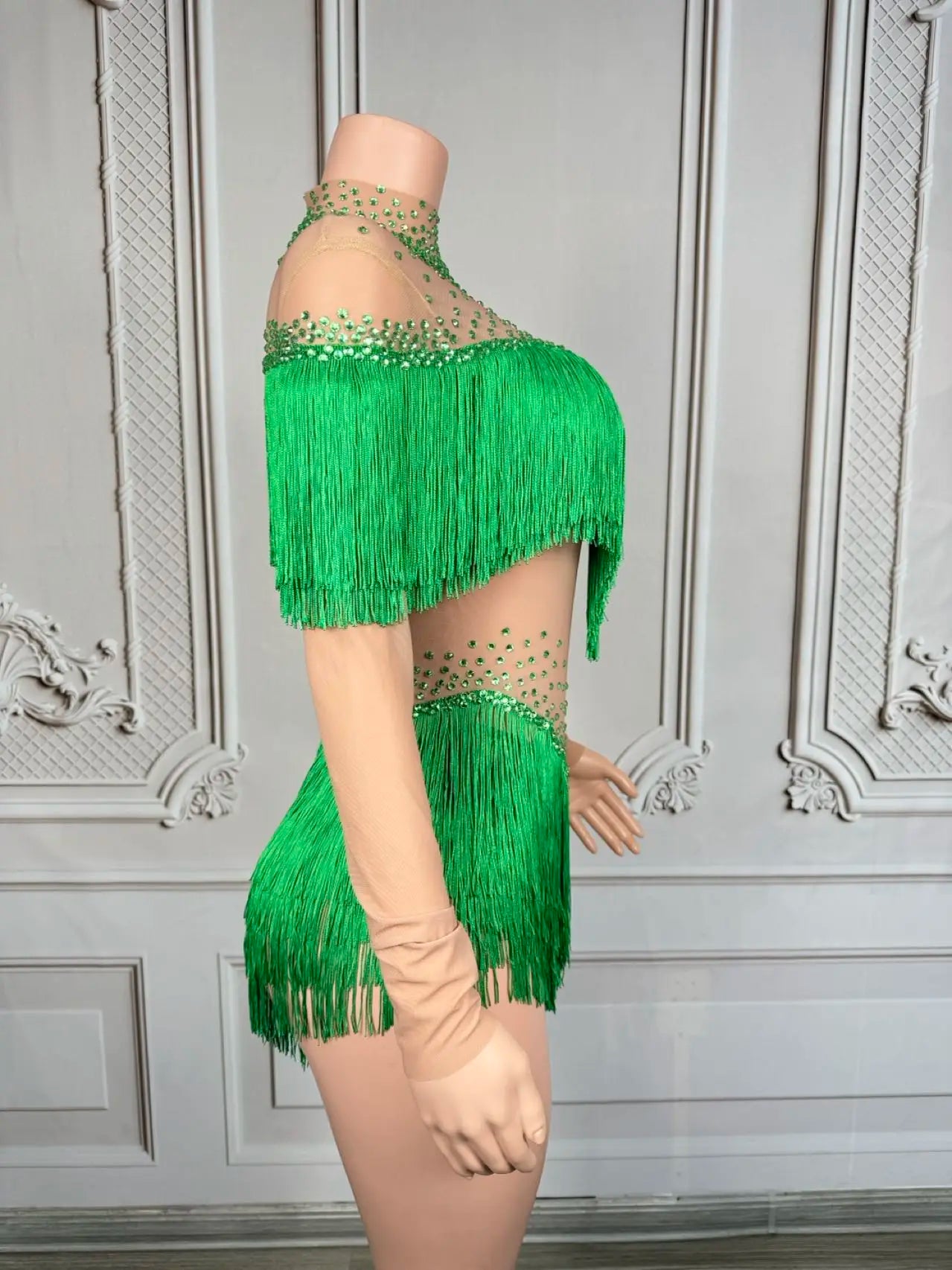 Sparkly Rhinestone Tassel Fringe Dance Performance Costume Stage Bodysuit