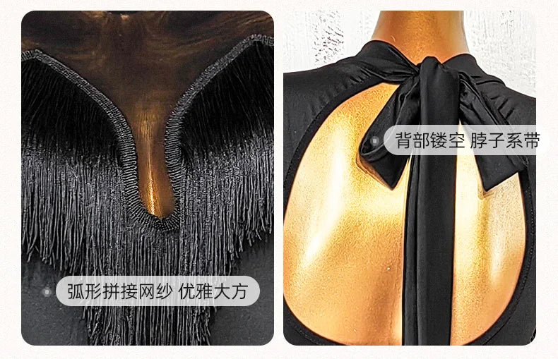 Black Open-Back Leotard & Leopard Print Fringe Skirt Latin Dance Costume Set