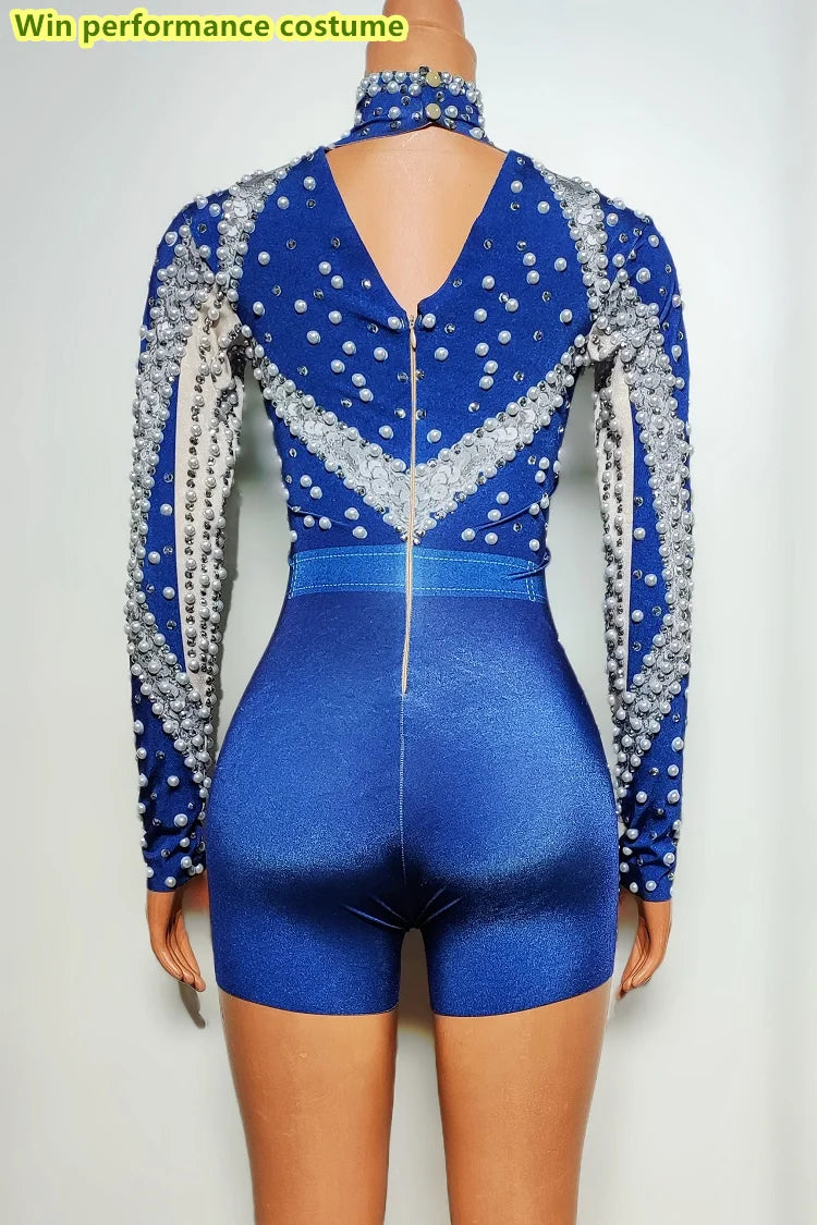 Royal Blue Pearl & Rhinestone Long Sleeve Romper Belted Stage Dance Costume