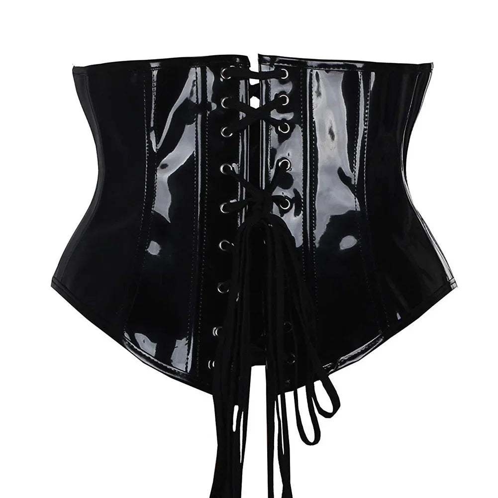 Shiny PU Leather Steampunk Underbust Corset Zipper Front Waist Cincher