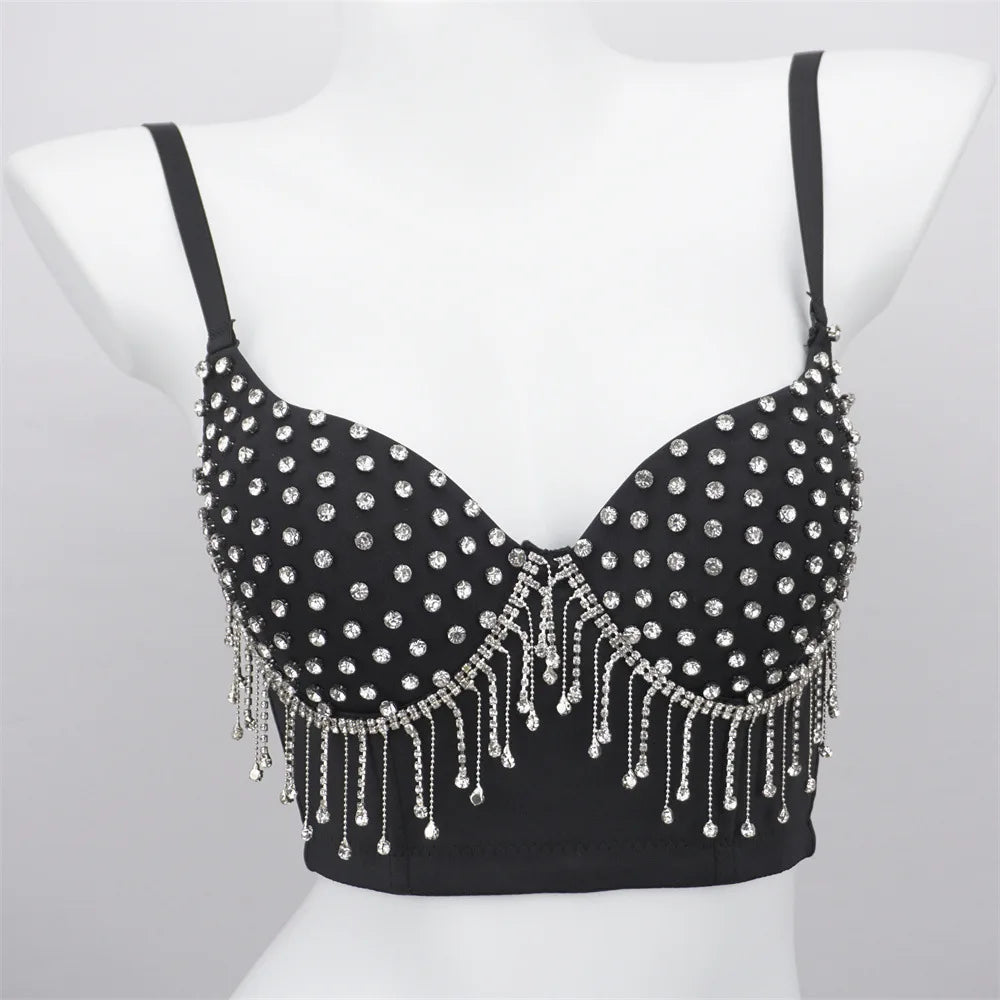 Sparkly Rhinestone Corset Tank Top Showgirl Stage Performance Bra Bustier