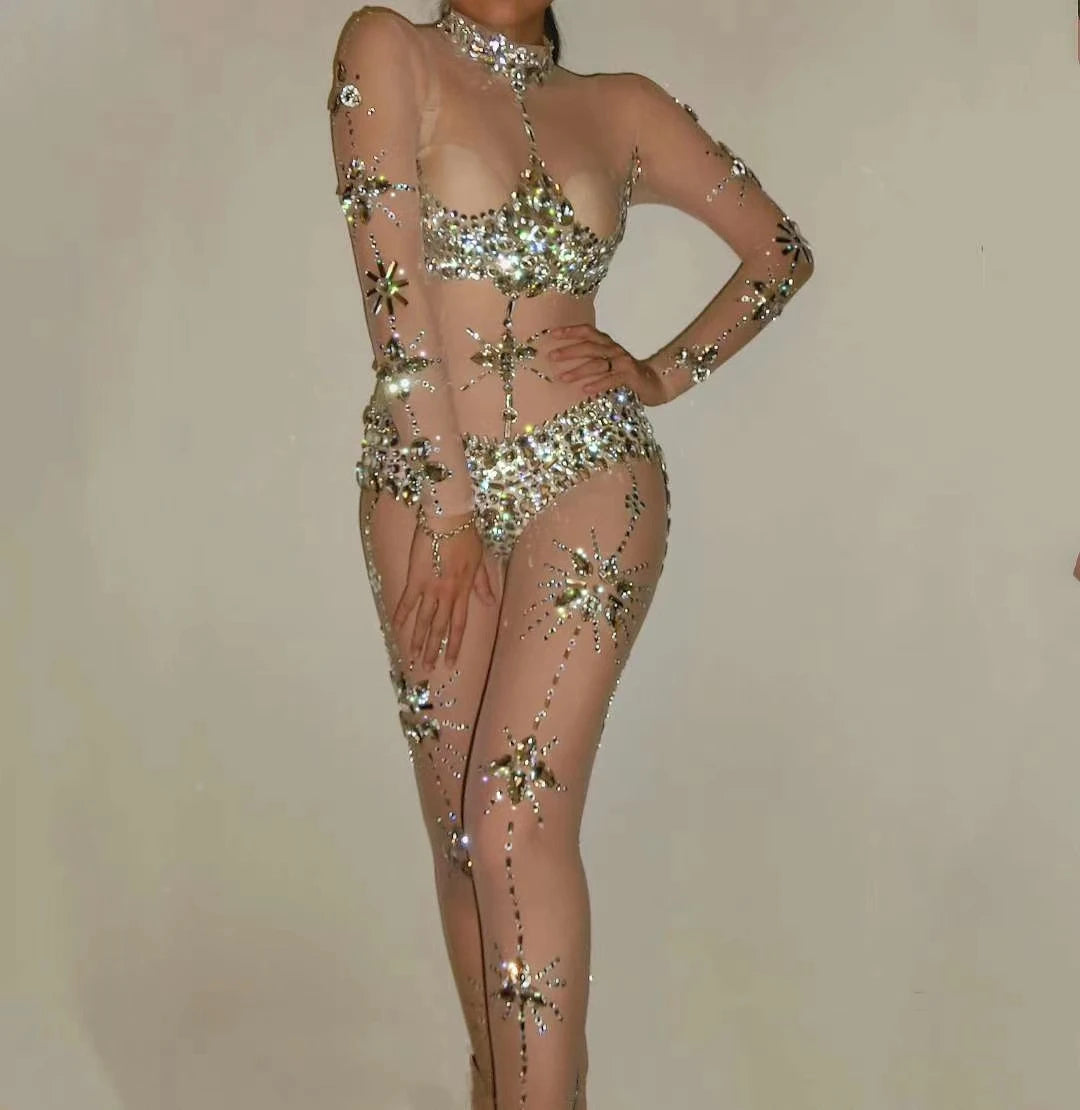 Crystal Rhinestone Sheer Jumpsuit – Stretch Sparkly Bodysuit for Stage, Dance, Drag & Party