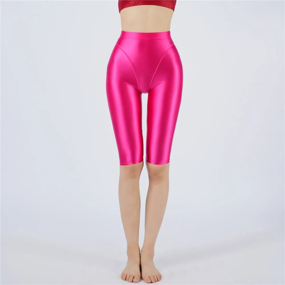 Oil Glossy High-Stretch Knee-Length Shorts Satin Shine Performance Biker Shorts