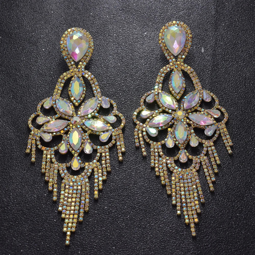 Sparkly Glass Crystal Statement Drop Earrings Stage Performance Jewelry
