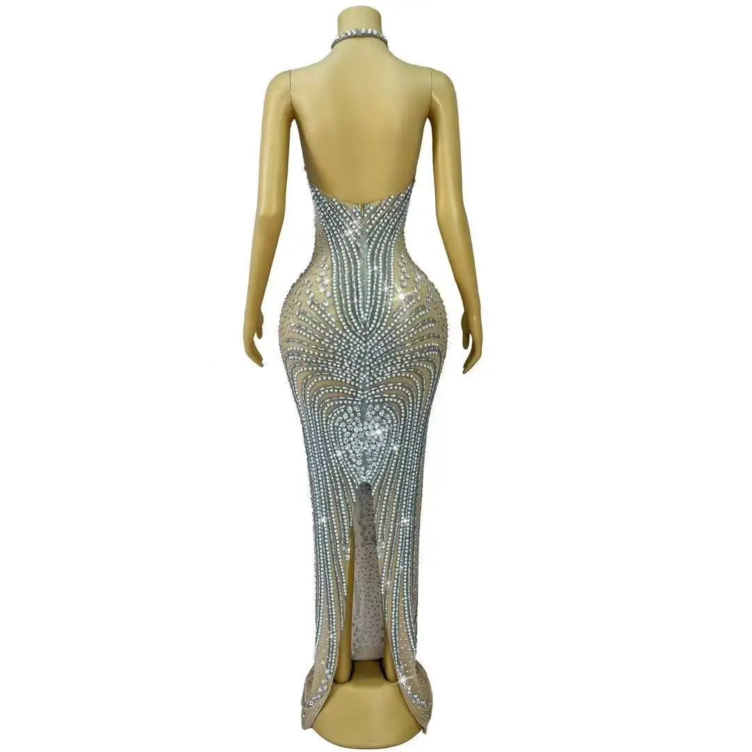 Women's Rhinestone Backless Halter Dress | Shining Red & Silver Gown for Wedding, Birthday & Stage