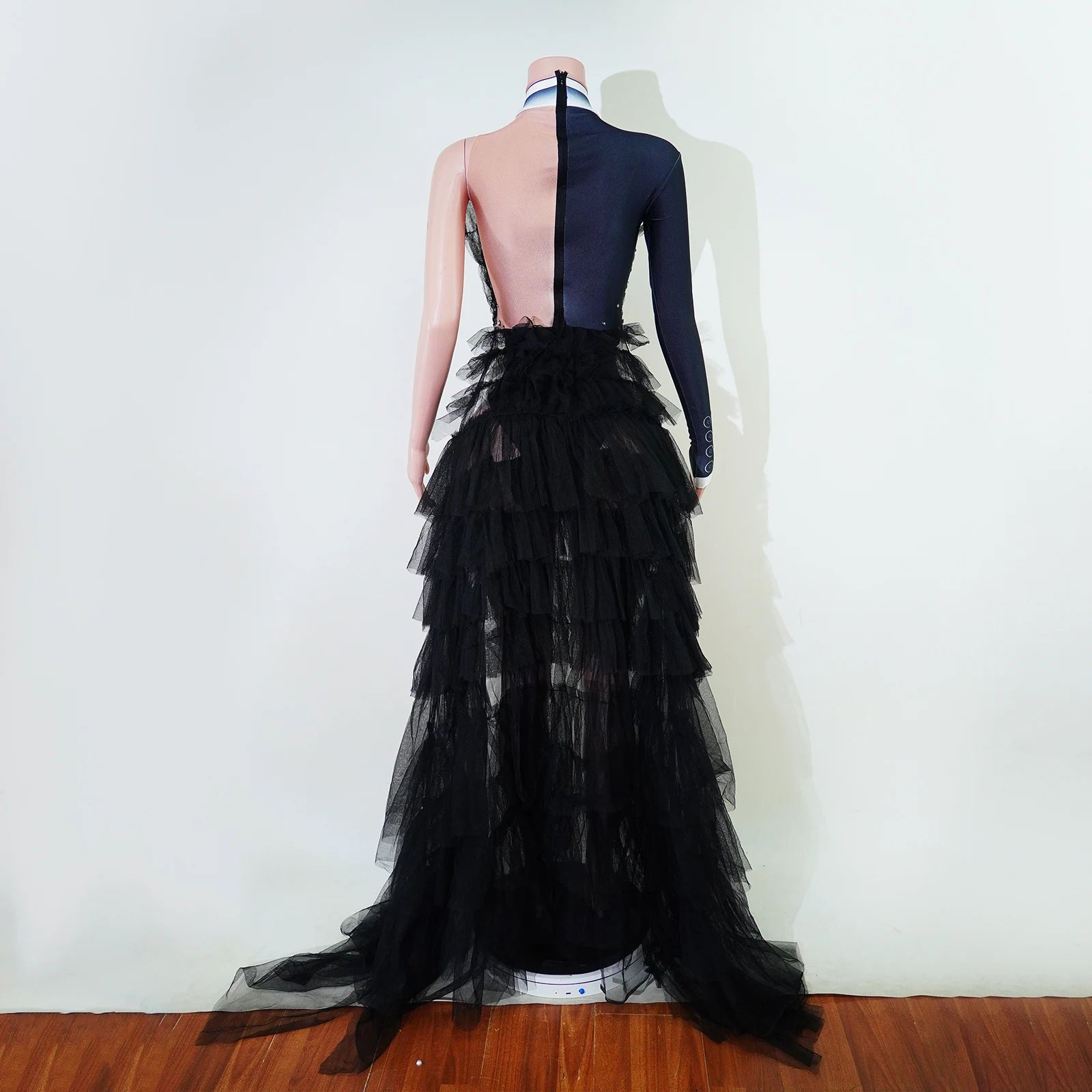 Black Rhinestone One-Shoulder Bodysuit & Trailing Tulle Train Stage Costume Set
